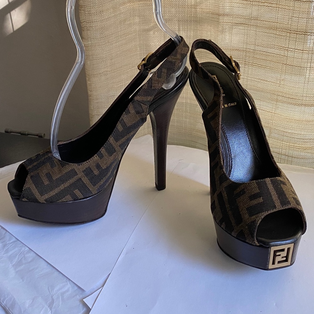 Fendi heels ankle strap 36.5 Italy open toe pumps monogram canvas clogs platform - Picture 1 of 10